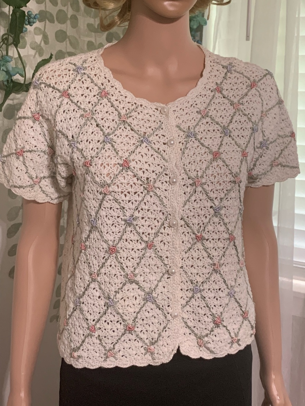 Sz L(Petite) Worthington Vintage Crochet Floral Cottagecore Sweater Cardigan